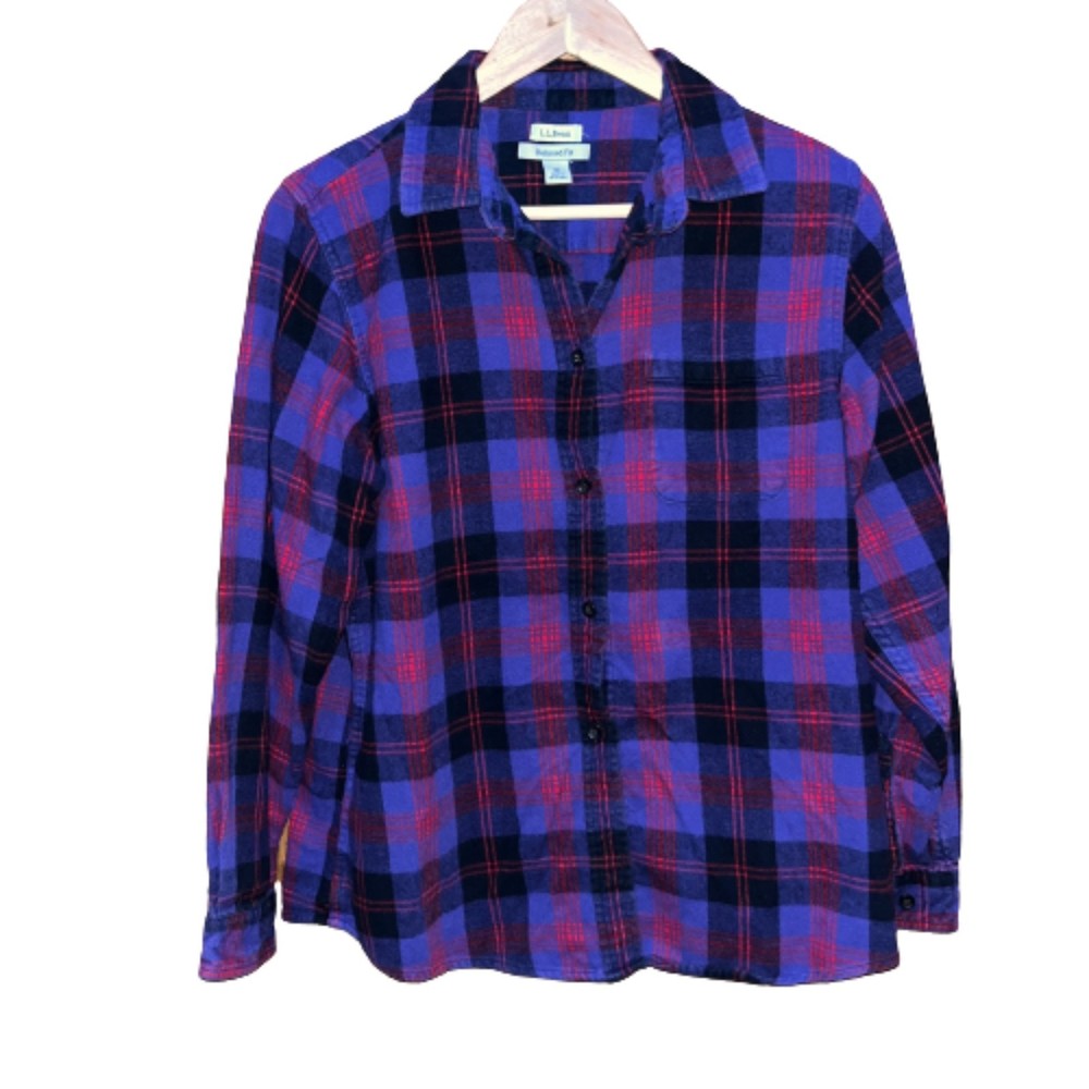 L.L. Bean Relaxed Fit Women's M Purple Fall Plaid Work Casual Cotton Button Up